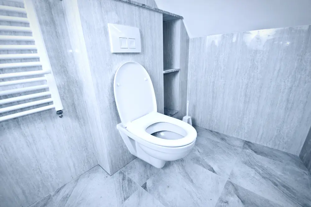 Vaso sanitário branco em banheiro moderno branco e cinza