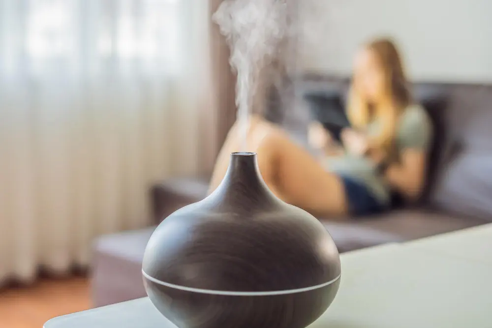 Umidificador de ar em foco com sala de estar e mulher sentada ao fundo em desfoque