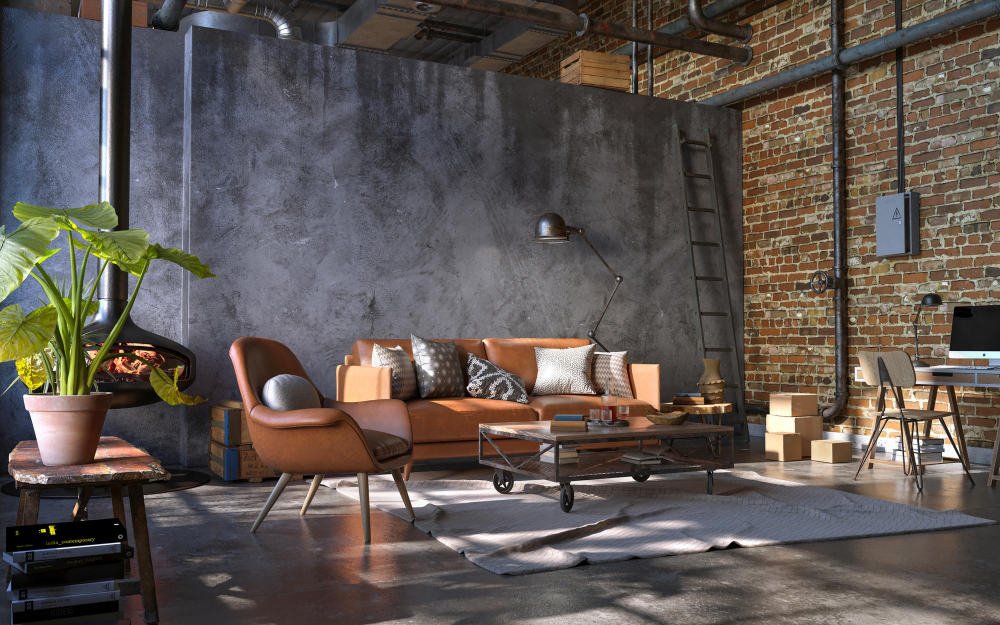 sala de estar com decoração industrial moderna, parede de tijolos, tubulações à mostra, canos e dutos de ar-condicionado. Parede com cimento queimado, móveis discretos e detalhes modernos