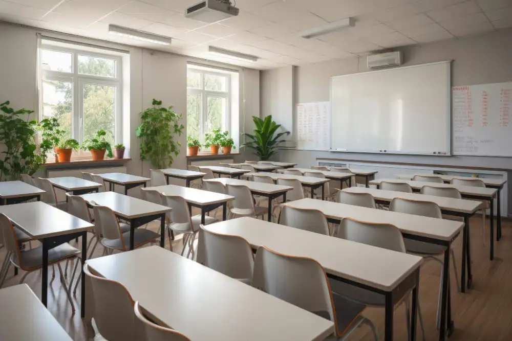 sala-de-aula-vazia-com-mesas-e-cadeiras-brancas-com-ar-condicionado-ligado-e-vasos-de-plantas-nas-janela