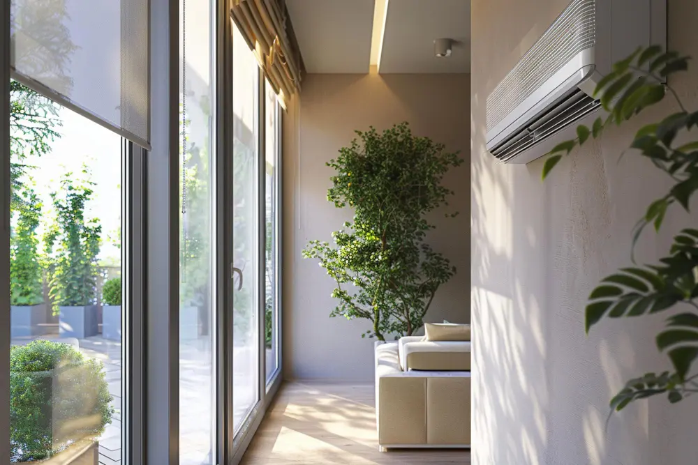 Casa com ar-condicionado, janela com luz natural e plantas