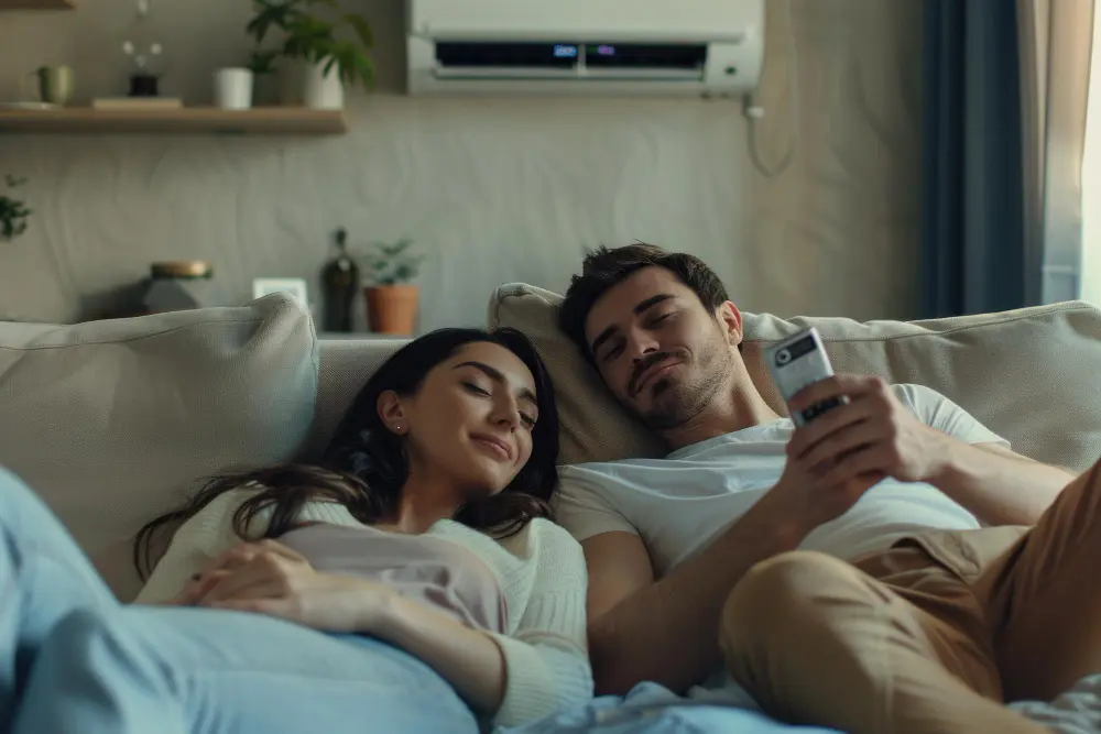 Casal deitados dormindo com ar-condicionado ao fundo
